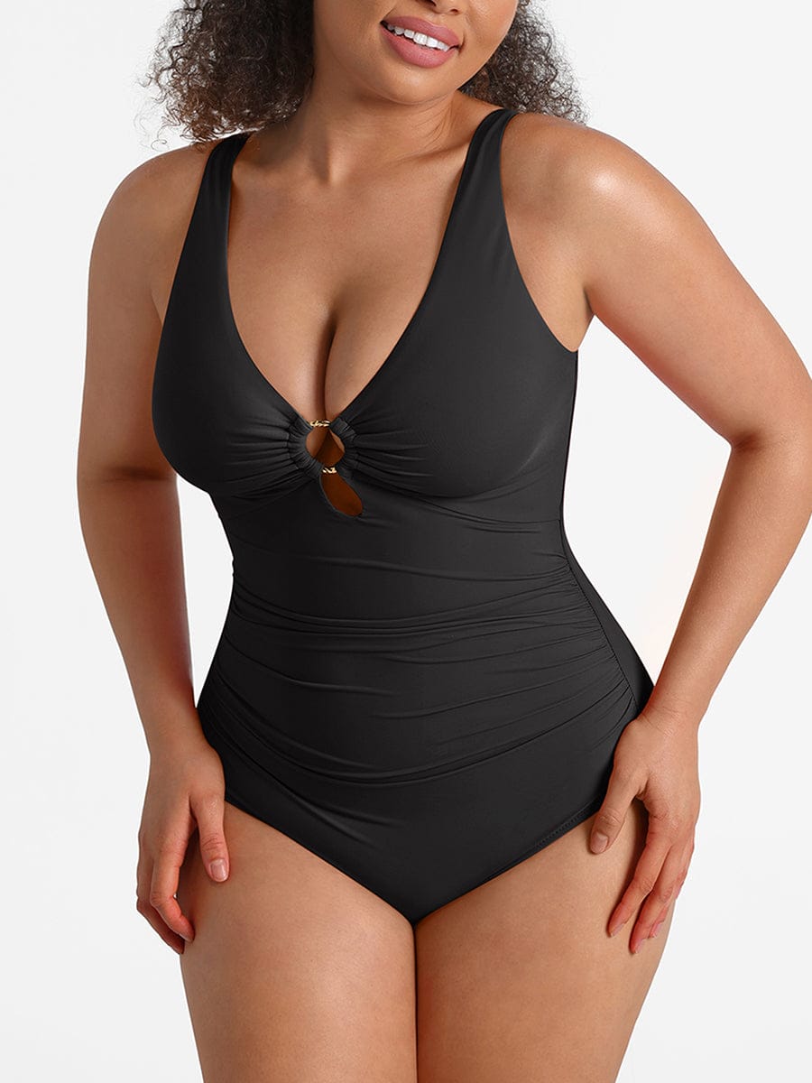 Maillot de bain gainant contrôle taille froncé résille