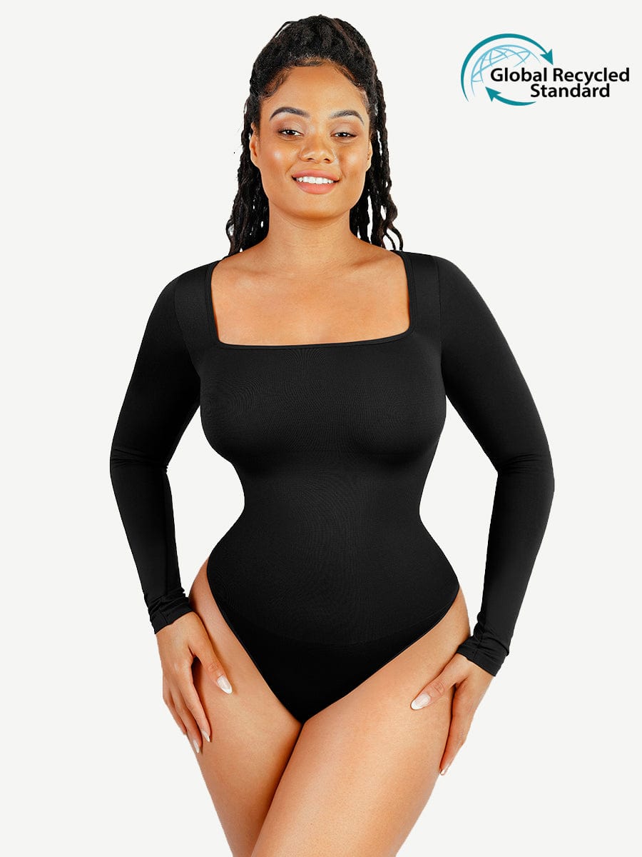 Body sculptant contrôle taille col carré manches longues