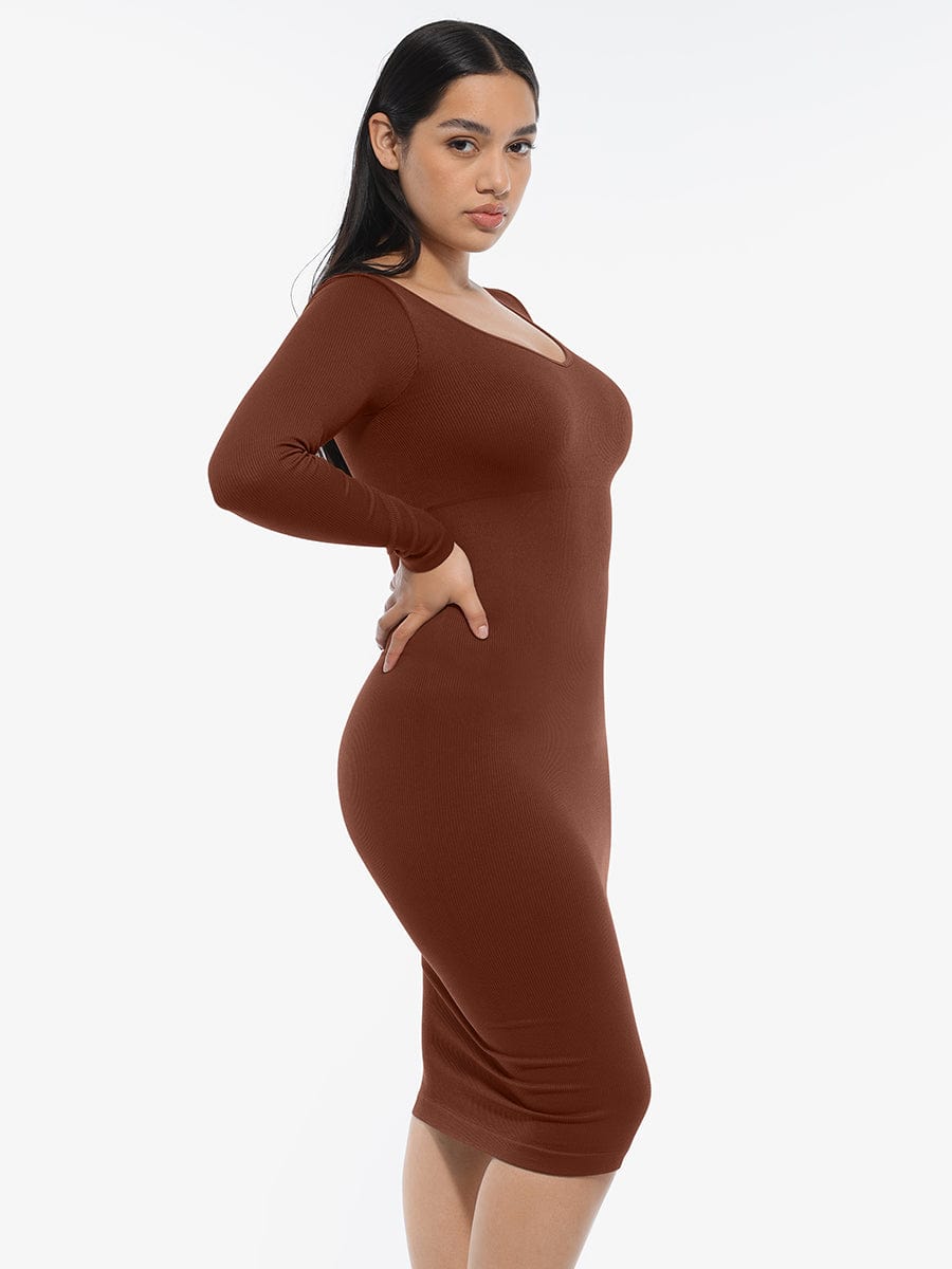 Robe gainante contrôle taille col V plongeant manches longues