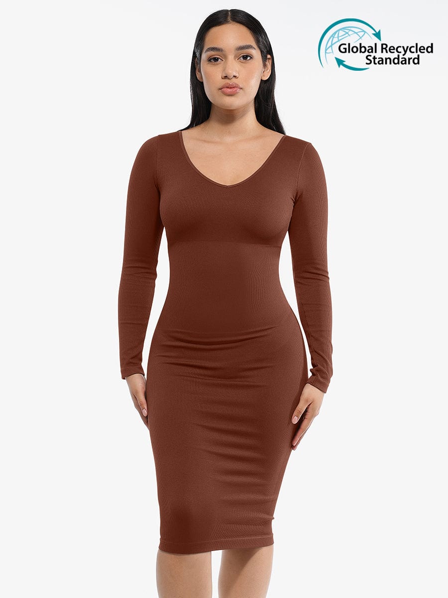 Robe gainante contrôle taille col V plongeant manches longues