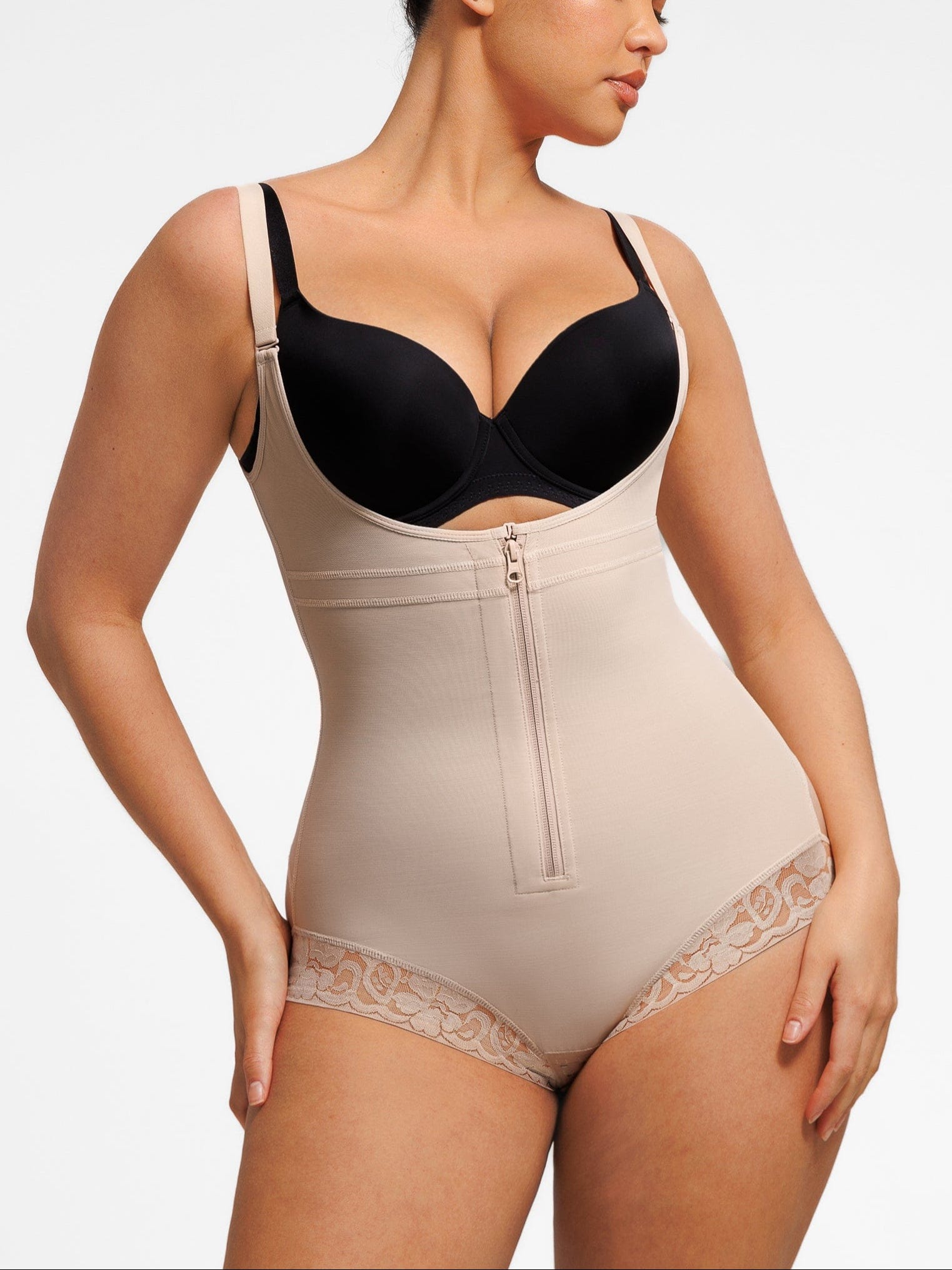 Gaine compressive découpe en U fermeture zip dentelle — Noir